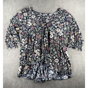 Cato Floral Boho Peasant Tunic Top Navy Pink Cream 3/4 Sleeve Asym Hem XL
